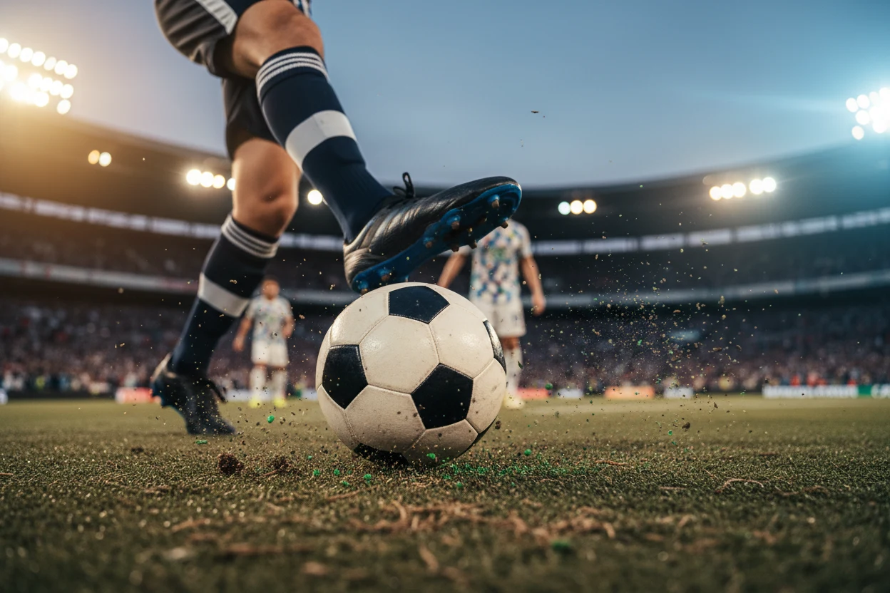 Fußballfeld bei Flutlicht während eines Abendspiels